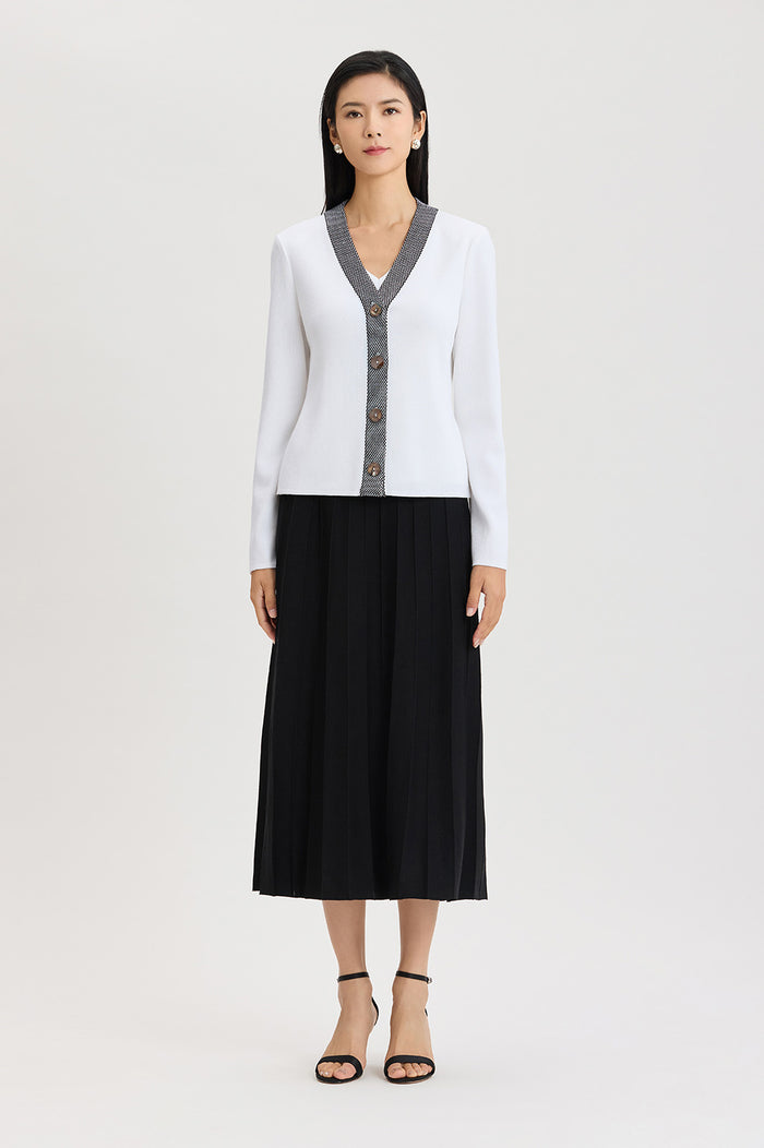 Family Savvy Heritage Contrast Trim Soft Knit Cardigan, White, White/Black | Ming Wang