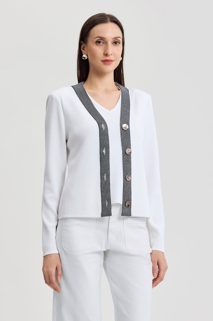Family Savvy Heritage Contrast Trim Soft Knit Cardigan, White, White/Black | Ming Wang