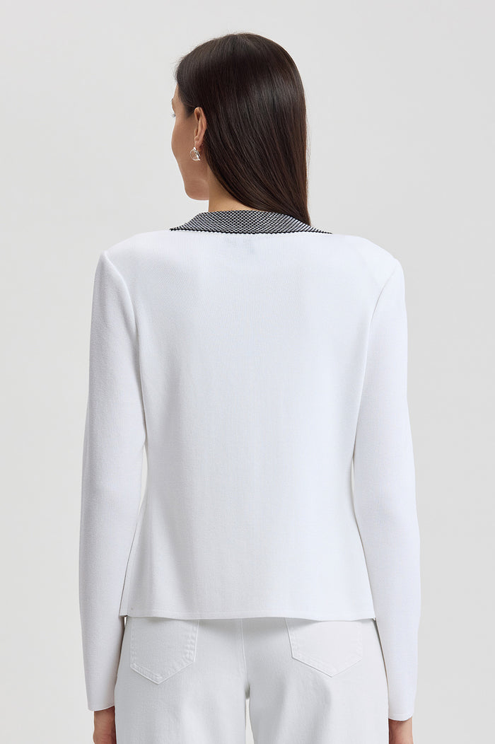 Family Savvy Heritage Contrast Trim Soft Knit Cardigan, White, White/Black | Ming Wang