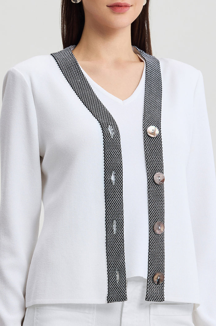 Family Savvy Heritage Contrast Trim Soft Knit Cardigan, White, White/Black | Ming Wang