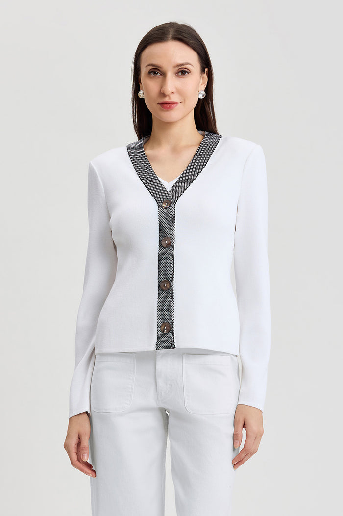 Family Savvy Heritage Contrast Trim Soft Knit Cardigan, White, White/Black | Ming Wang