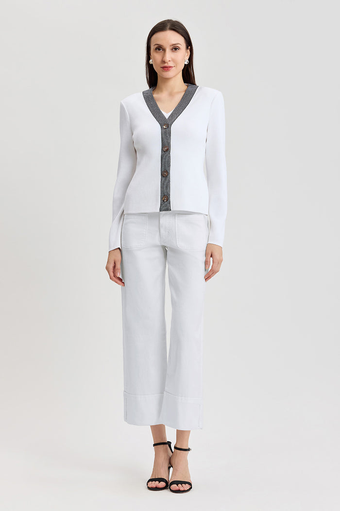 Family Savvy Heritage Contrast Trim Soft Knit Cardigan, White, White/Black | Ming Wang