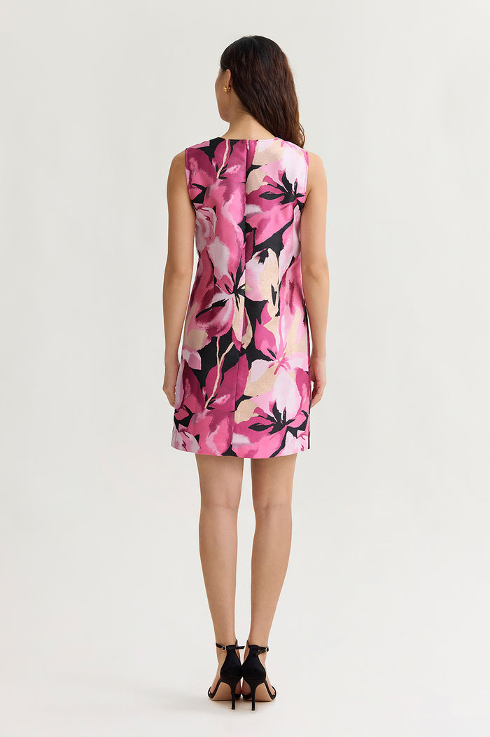 Shimmer Lined Floral Jacquard Woven Sheath Dress, Carmine Rose/Perfect Pink/Limestone/White/Black | Ming Wang