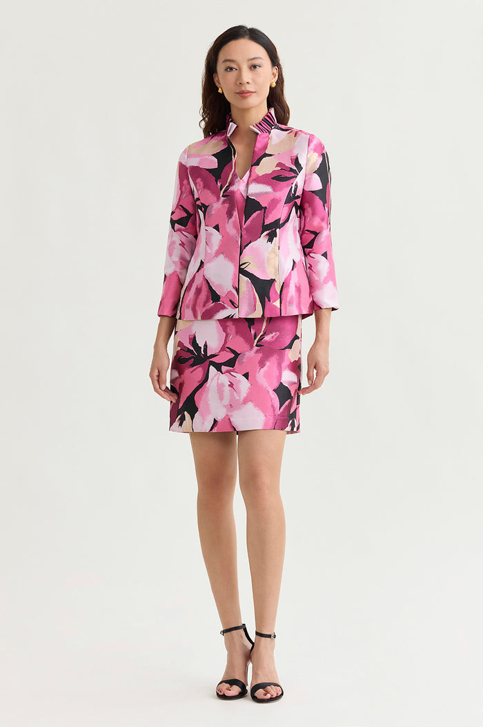 Shimmer Lined Floral Jacquard Woven Sheath Dress, Carmine Rose/Perfect Pink/Limestone/White/Black | Ming Wang