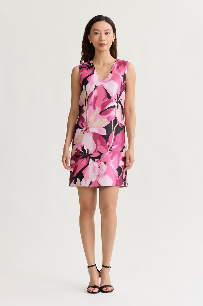 Shimmer Lined Floral Jacquard Woven Sheath Dress, Carmine Rose/Perfect Pink/Limestone/White/Black | Ming Wang