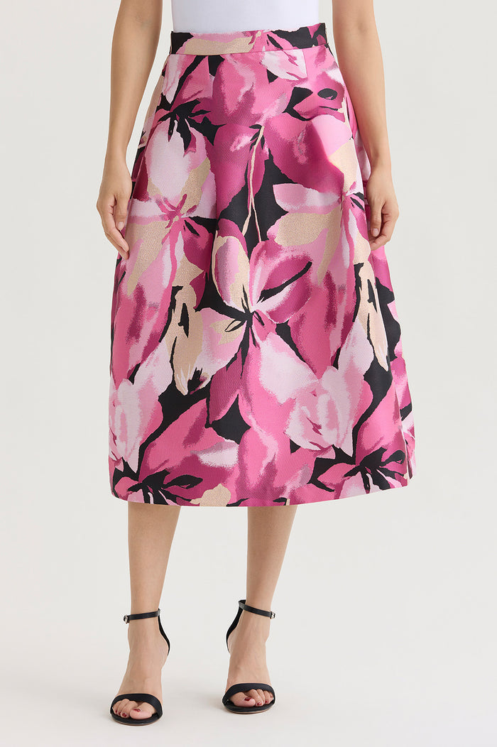 Shimmer Lined Floral Jacquard Woven Midi Skirt, Carmine Rose/Perfect Pink/Limestone/White/Black | Ming Wang