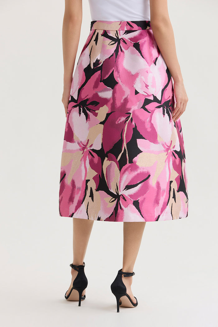 Shimmer Lined Floral Jacquard Woven Midi Skirt, Carmine Rose/Perfect Pink/Limestone/White/Black | Ming Wang