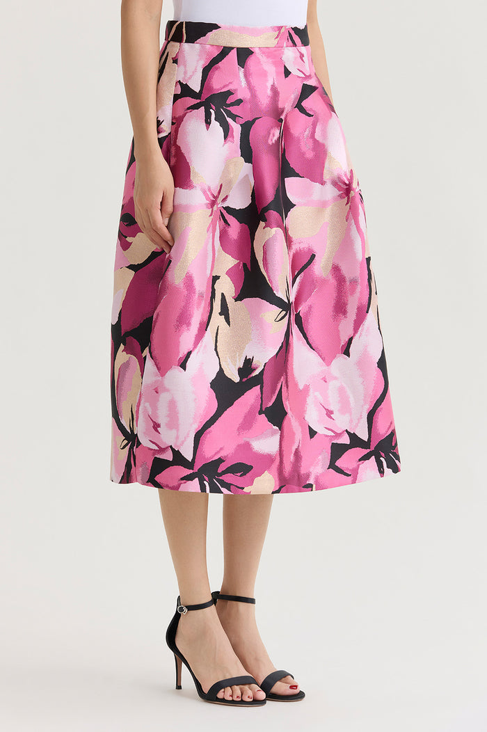 Shimmer Lined Floral Jacquard Woven Midi Skirt, Carmine Rose/Perfect Pink/Limestone/White/Black | Ming Wang