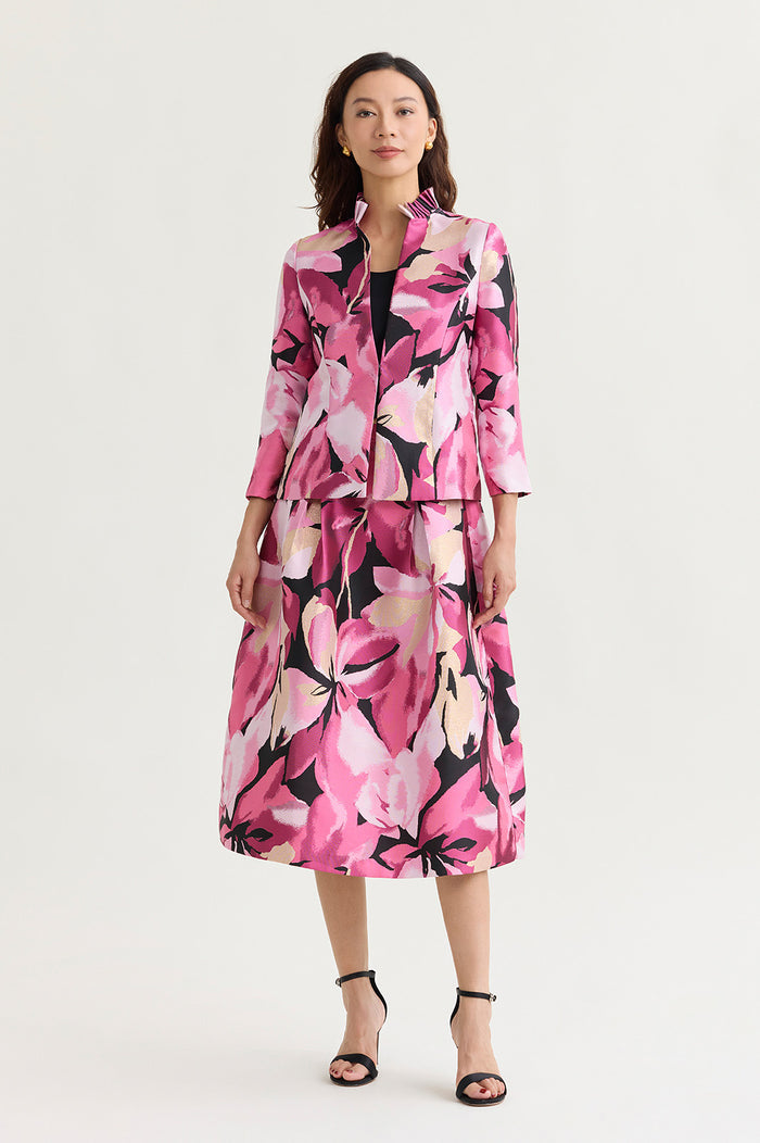 Shimmer Lined Floral Jacquard Woven Midi Skirt, Carmine Rose/Perfect Pink/Limestone/White/Black | Ming Wang