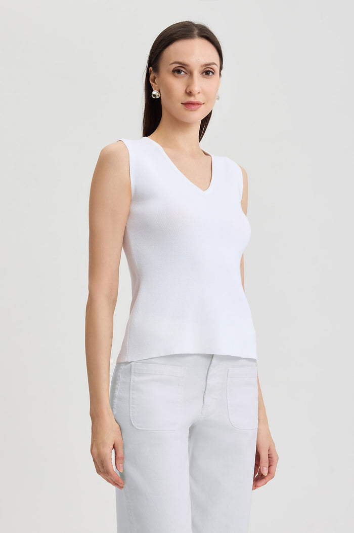 Family Savvy V-Neck Soft Knit Tank, White, White | Ming Wang