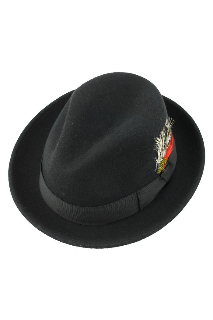 Feather Black Hat 100% Felt Wool Crushable Fedora Brim - CC308
