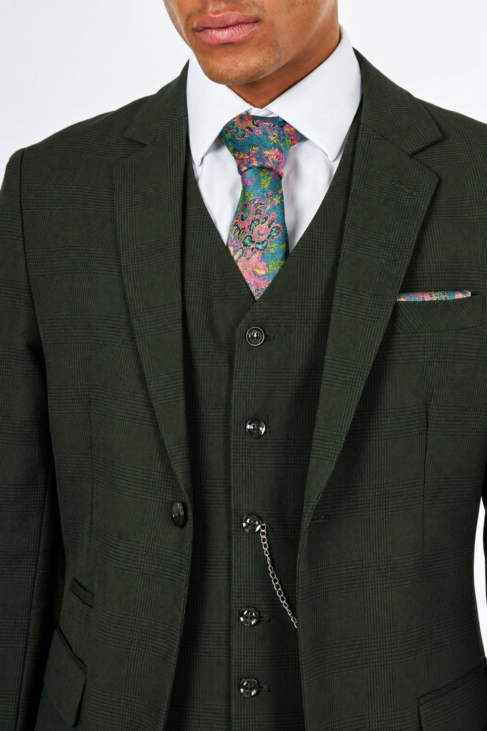 Finley - Men's Olive Green Prince of Wales Check Tailored 3 Piece Suit