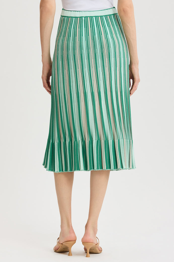 Flared Flounce Soft Knit Midi Skirt, Kelly Green/Eucalyptus/Ivory | Ming Wang