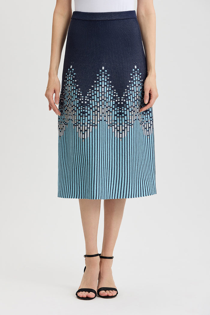 Flared Linear Ombre Soft Knit Midi Skirt, Indigo/Limestone/Serene/White | Ming Wang