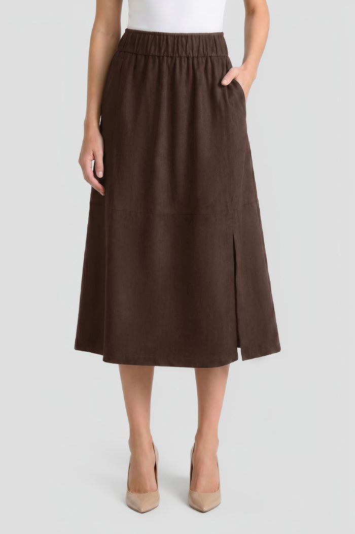 Flared Side Slit Faux Suede Maxi Skirt, Dark Umber | Ming Wang