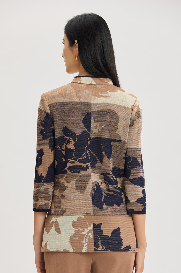 Floral Jacquard Ombre Knit Jacket, Warm Taupe/French Almond/Indigo | Ming Wang