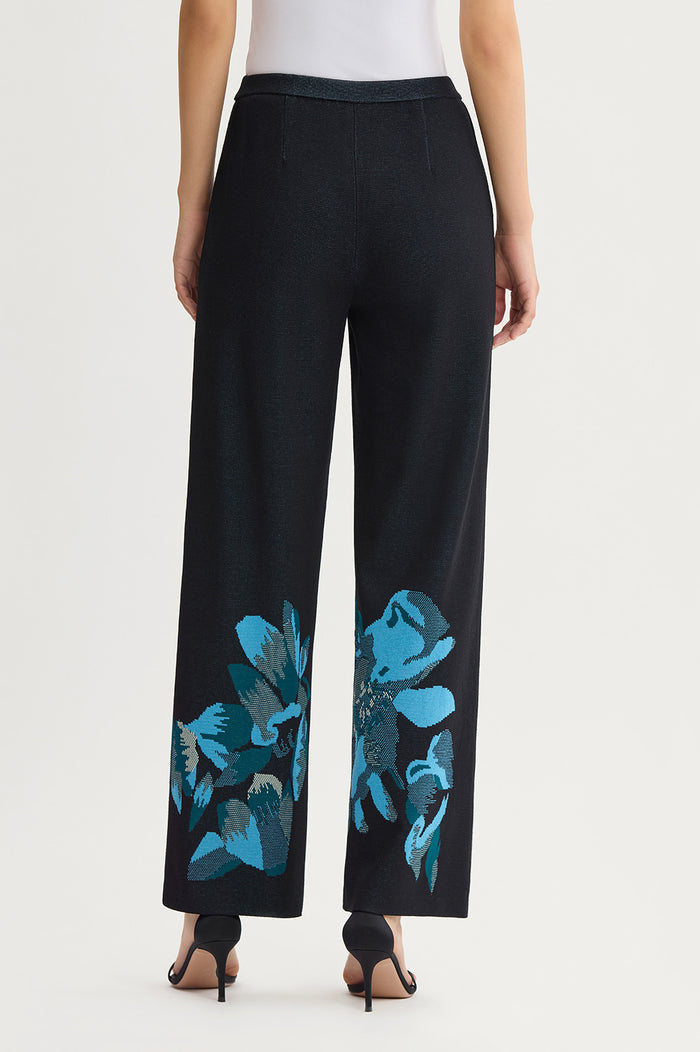 Floral Jacquard Soft Knit Pant, Deep Teal/Tranquil Blue/French Almond/Black | Ming Wang