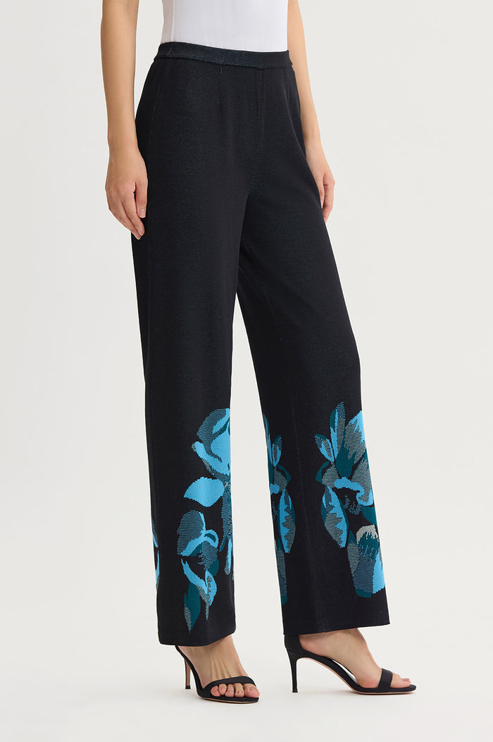 Floral Jacquard Soft Knit Pant, Deep Teal/Tranquil Blue/French Almond/Black | Ming Wang