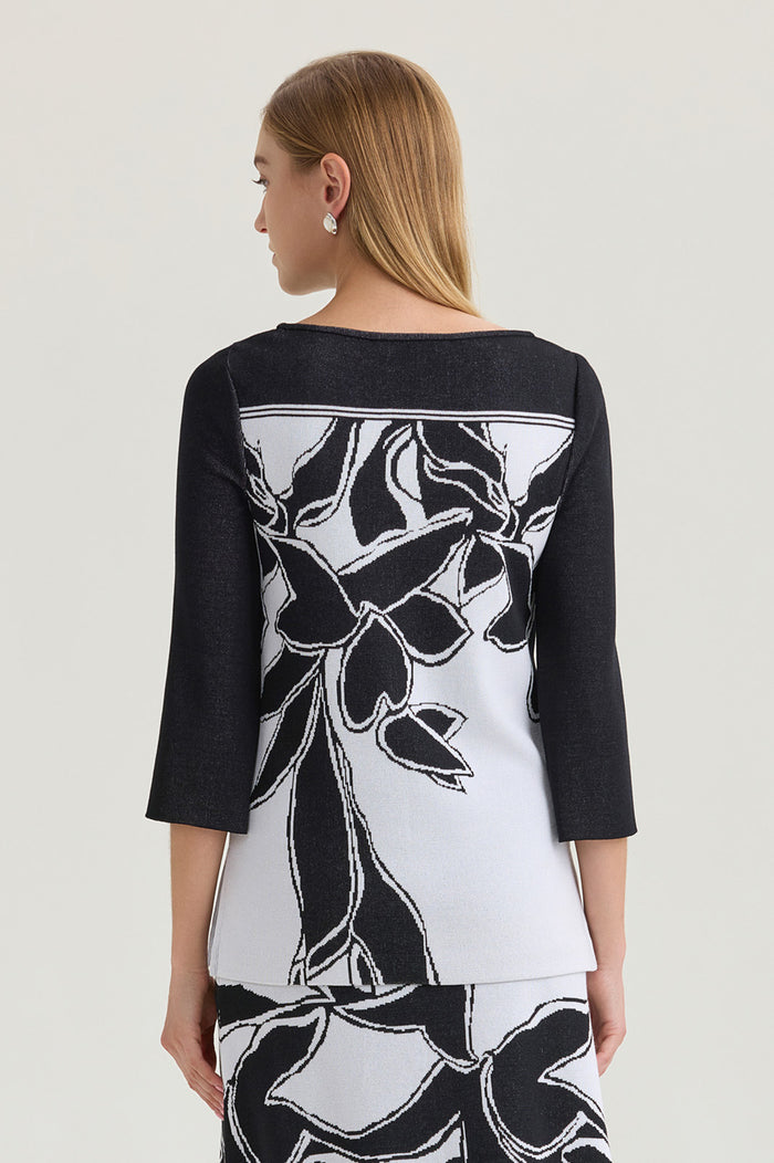 Floral Jacquard Soft Knit Tunic, Black/White | Ming Wang