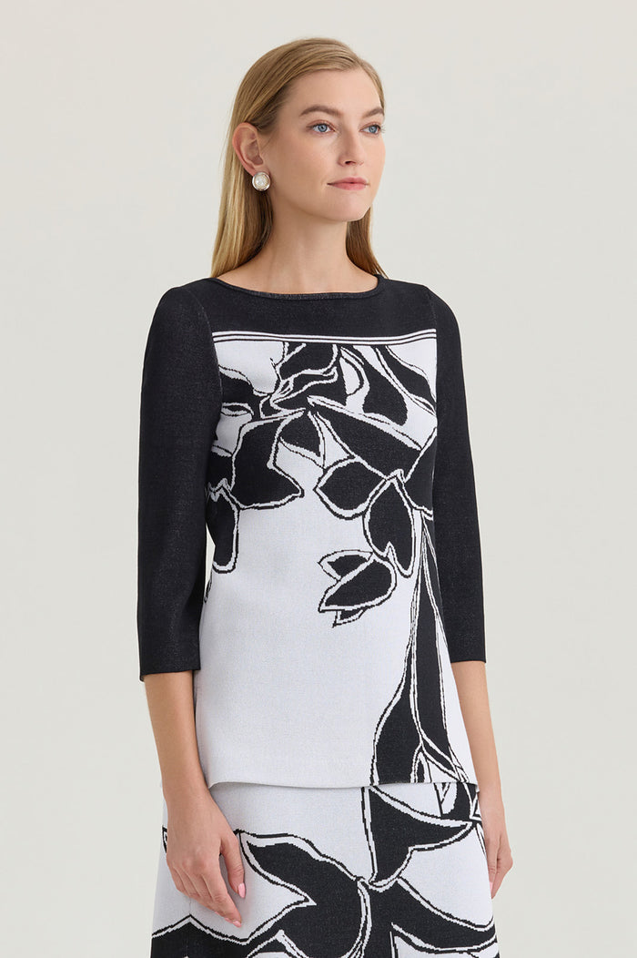 Floral Jacquard Soft Knit Tunic, Black/White | Ming Wang