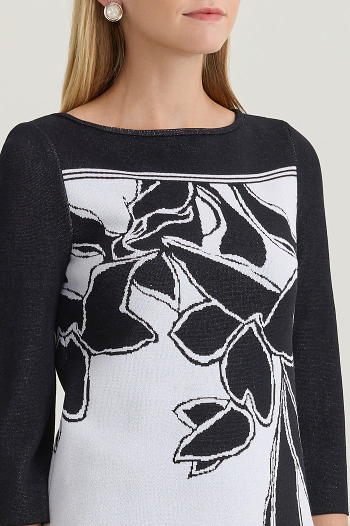 Floral Jacquard Soft Knit Tunic, Black/White | Ming Wang