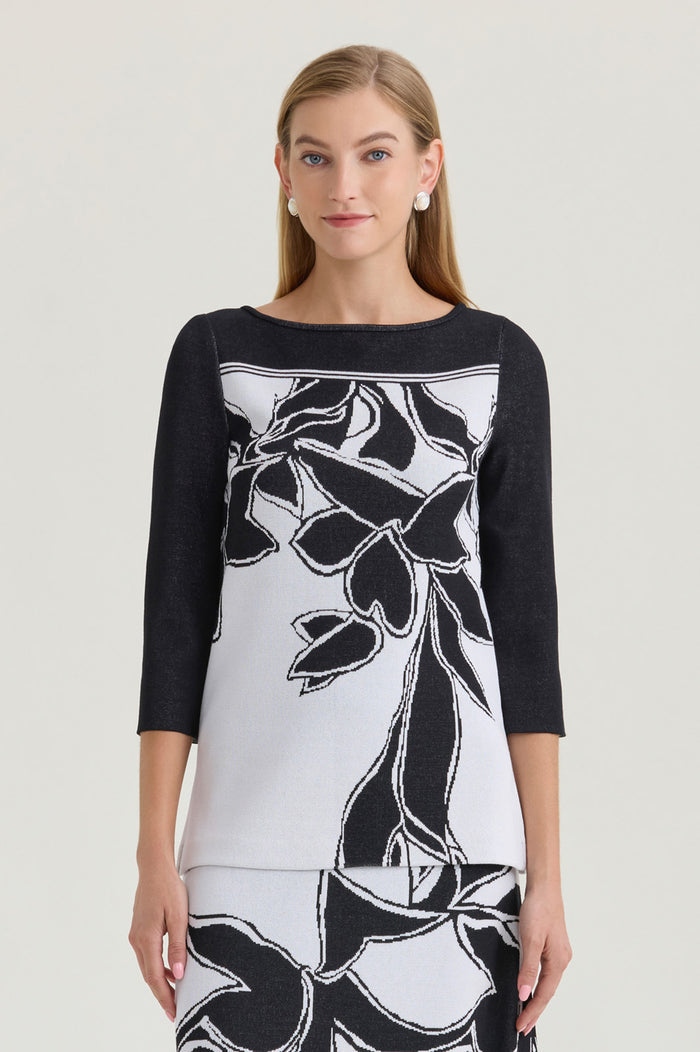 Floral Jacquard Soft Knit Tunic, Black/White | Ming Wang
