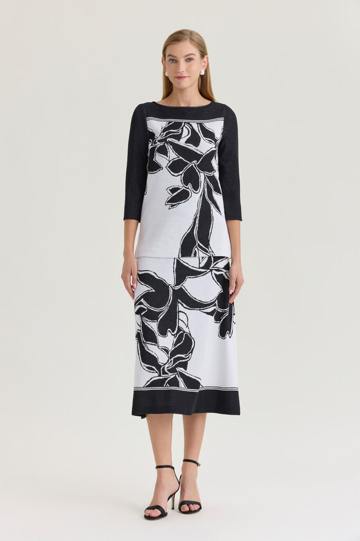 Floral Jacquard Soft Knit Tunic, Black/White | Ming Wang
