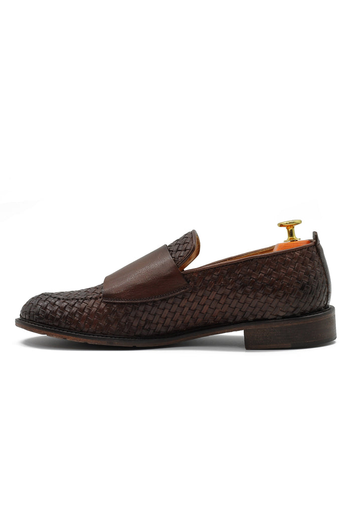 FLORENCE 2 - DOUBLE BUCKLE MONK LOAFER IN BROWN INTERWEAVE ITALIAN LEATHER