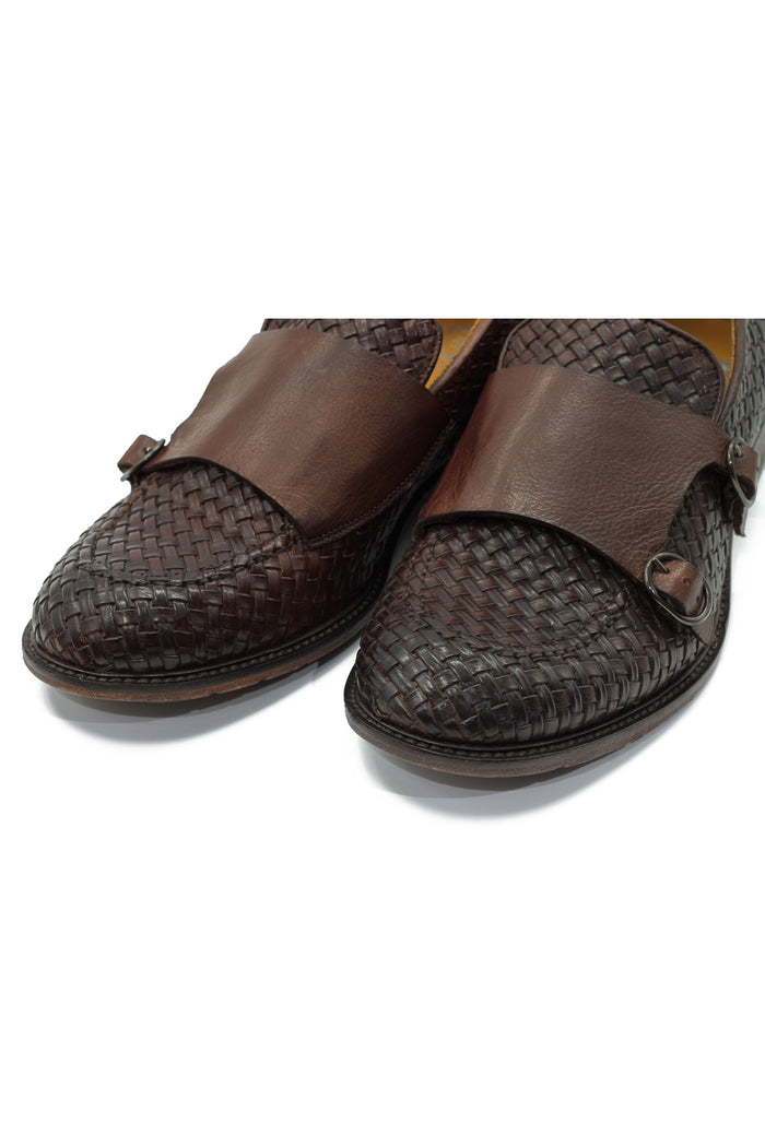 FLORENCE 2 - DOUBLE BUCKLE MONK LOAFER IN BROWN INTERWEAVE ITALIAN LEATHER