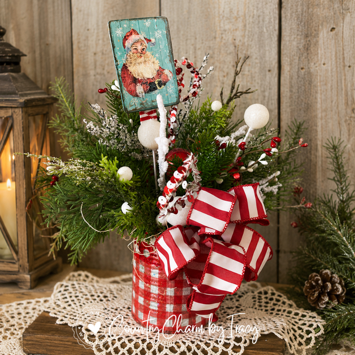 Fun and Festive Santa Arrangement - Handcrafted Vintage Farmhouse Christmas Centerpiece