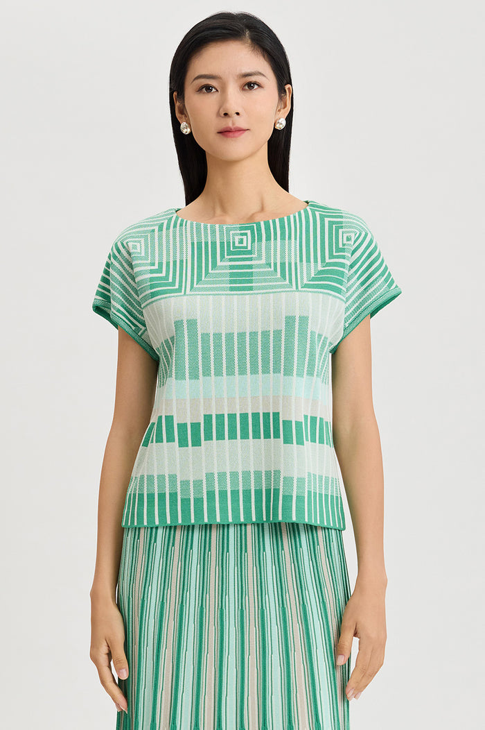 Geometric Jacquard Soft Knit Top, Kelly Green/Eucalyptus/Limestone/Ivory | Ming Wang