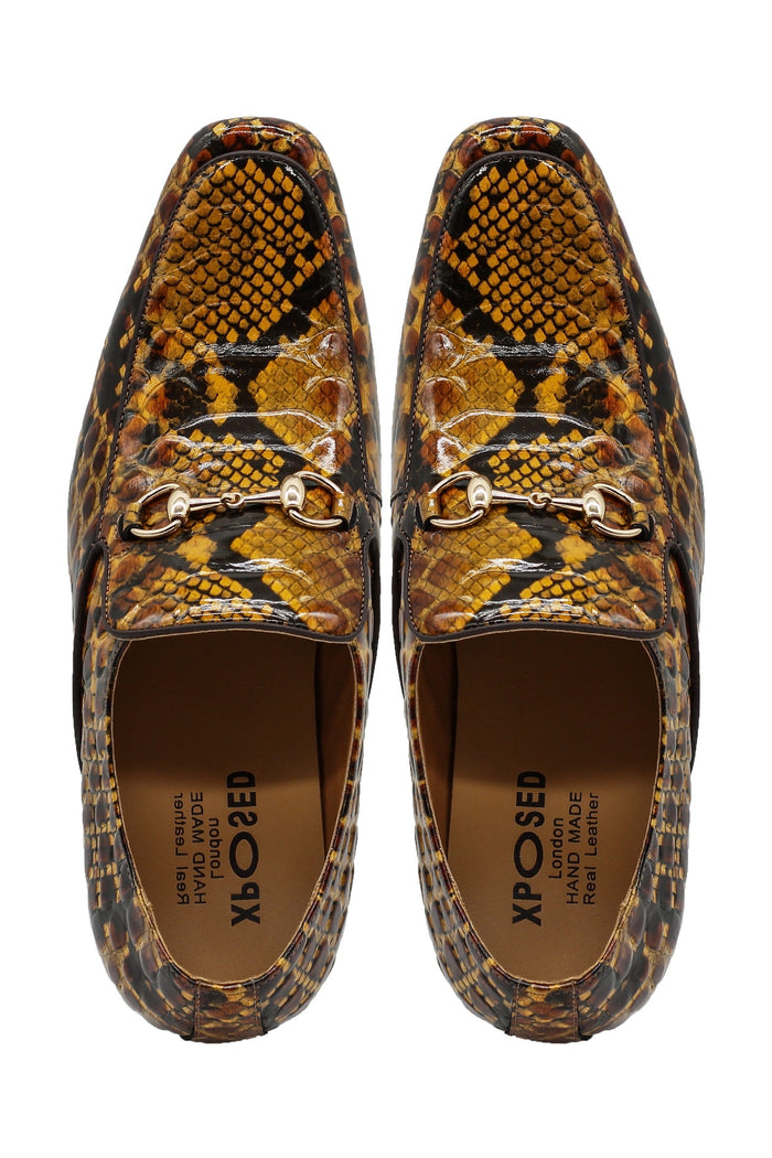 Glossy Real Leather Shoes Printed Gold Snaffle Bit Party Loafers