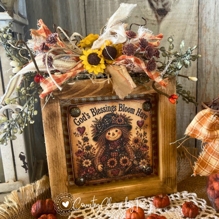 God's Blessings Bloom Here - Decorated 5x5 Primitive Shadow Box Block Decor | Handcrafted by Tracy