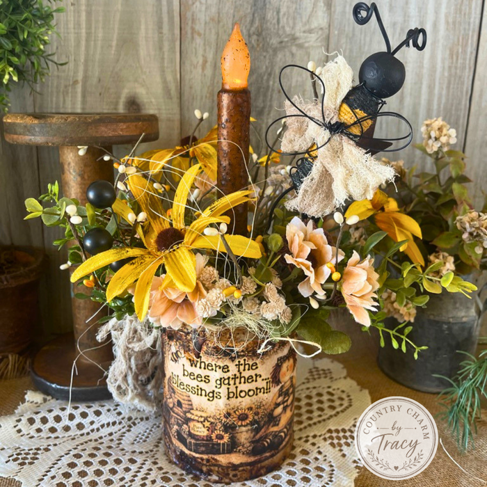 Grungy Bee Can with Florals and Rustic Candle
