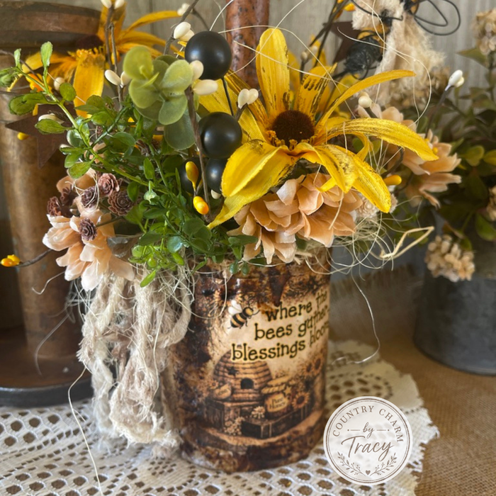 Grungy Bee Can with Florals and Rustic Candle