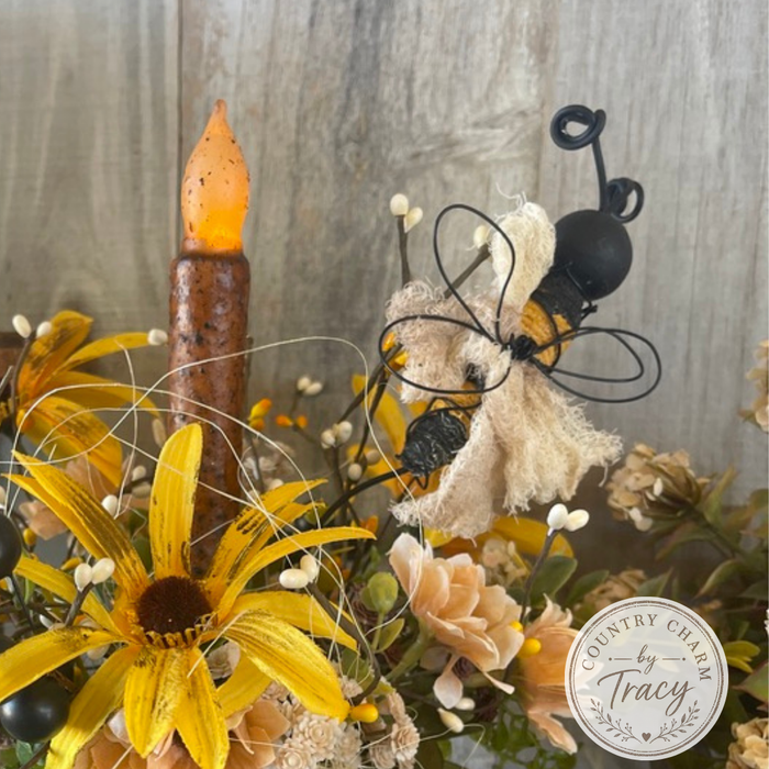 Grungy Bee Can with Florals and Rustic Candle