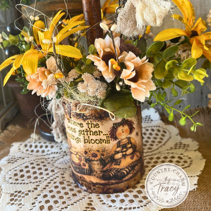 Grungy Bee Can with Florals and Rustic Candle