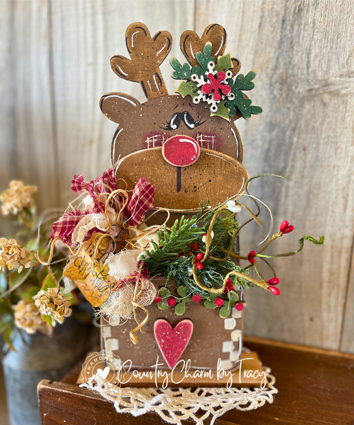 Hand Painted Prim Reindeer Pocket Shelf Sitter | Rustic Primitive Christmas Décor by Tracy