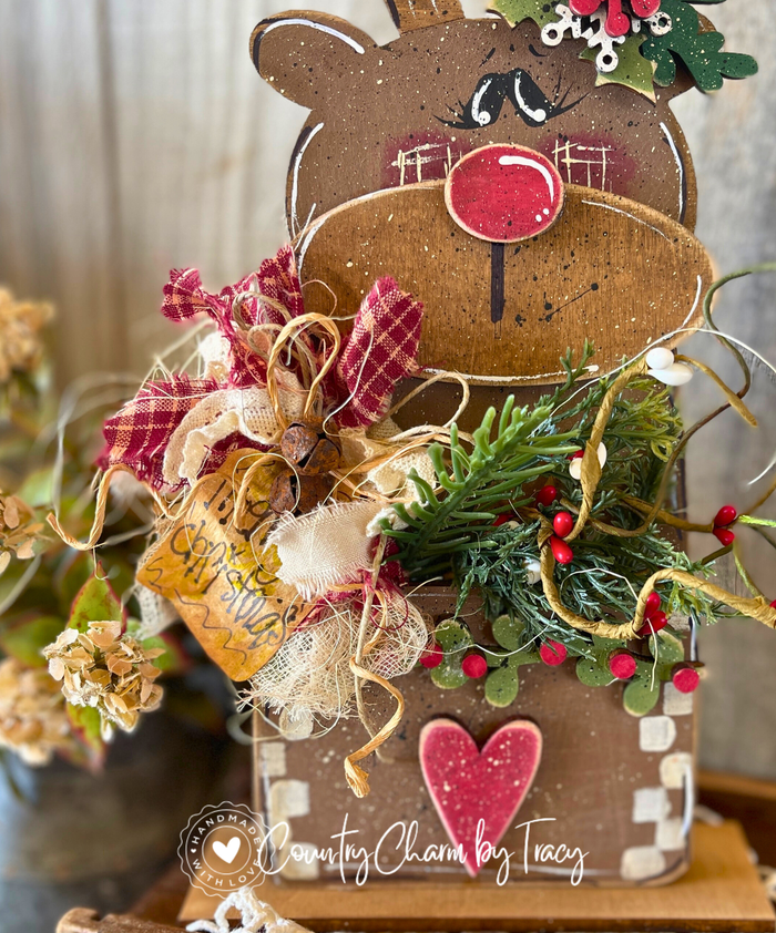 Hand Painted Prim Reindeer Pocket Shelf Sitter | Rustic Primitive Christmas Décor by Tracy