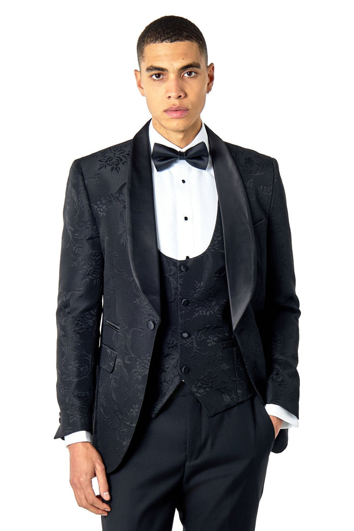HENRY – FLOCKED BLACK JACQUARD TUXEDO SUIT WAISTCOAT