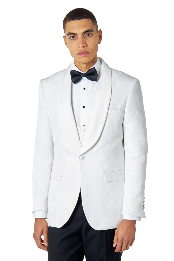 HENRY – WHITE 3 PIECE TUXEDO SUIT DAMASK FLOCKED JACQUARD PRINTED