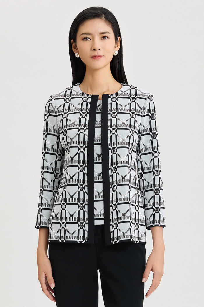 Heritage Monochrome Geometric Knit Jacket, Ivory/Black | Ming Wang