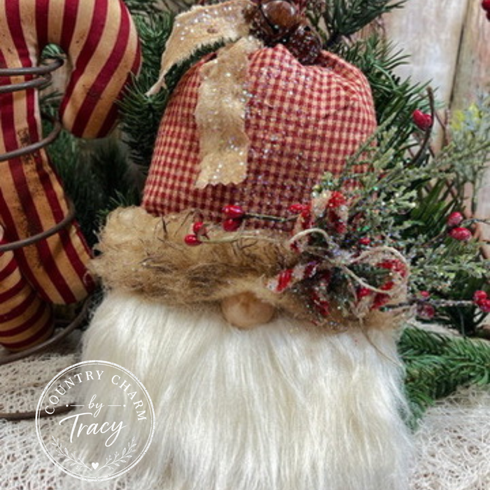 Homespun Santa Gnome Ornament - Country Christmas Primitive Decor