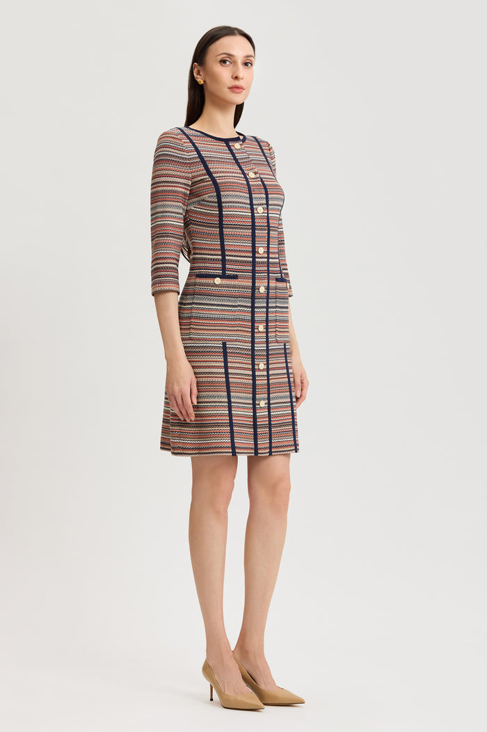 Horizontal Multi-Stitch Knit Sheath Dress, Warm Taupe/Indigo/French Almond/Sienna/Ivory | Ming Wang