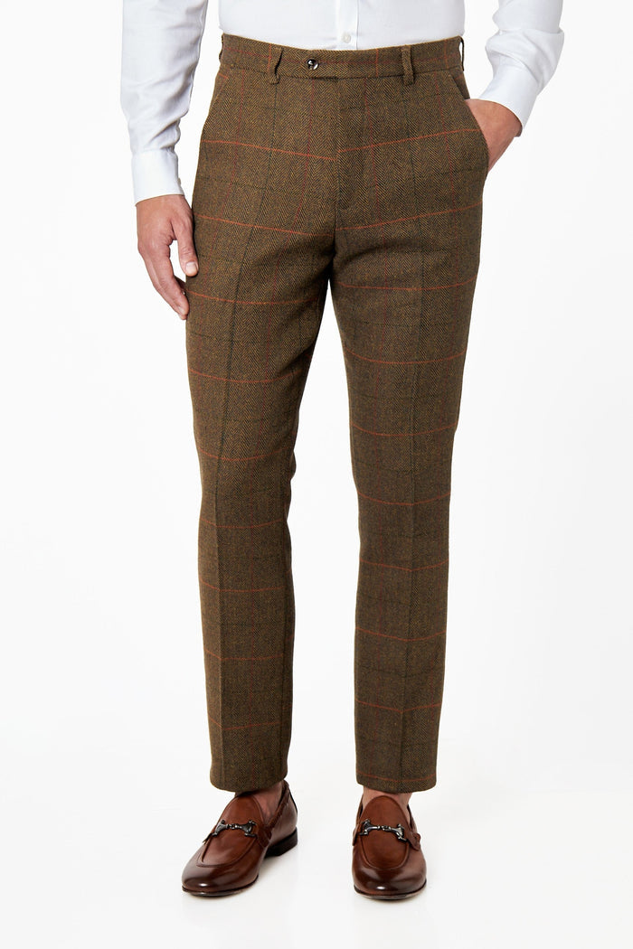 Jarvis - Mens Tan Brown Check Vintage Herringbone Tweed Trousers