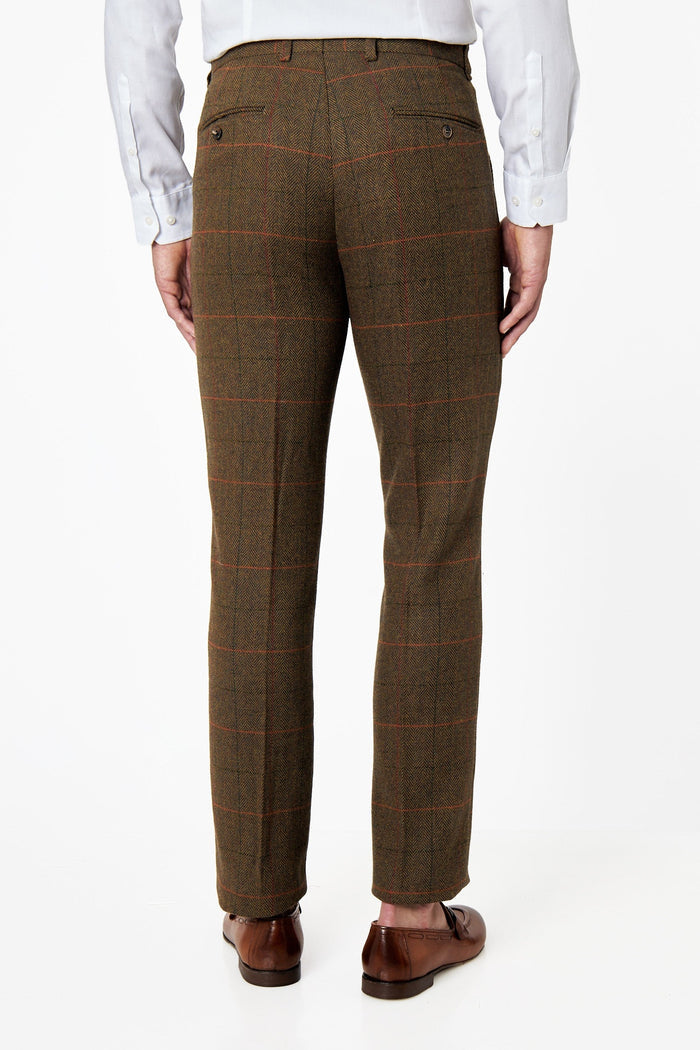 Jarvis - Mens Tan Brown Check Vintage Herringbone Tweed Trousers