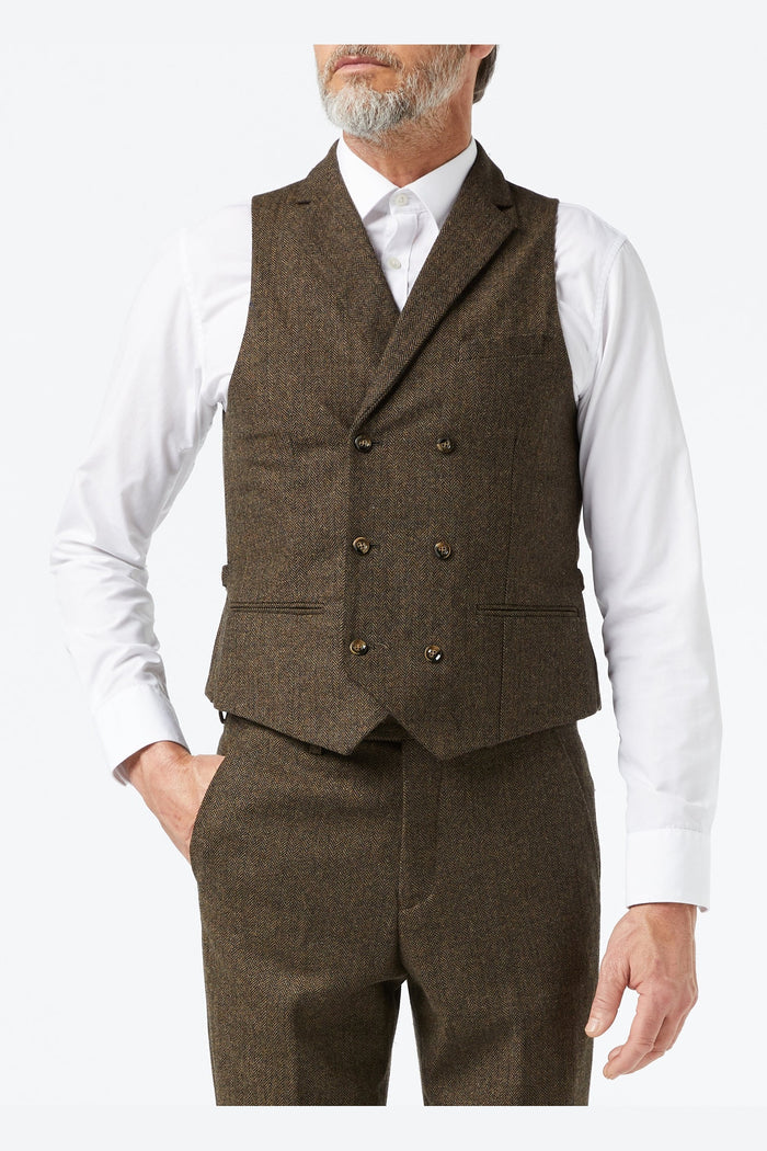 JAX - MEN'S HERRINGBONE BROWN TWEED CLASSIC TAILORED FIT SUIT WAISTCOAT