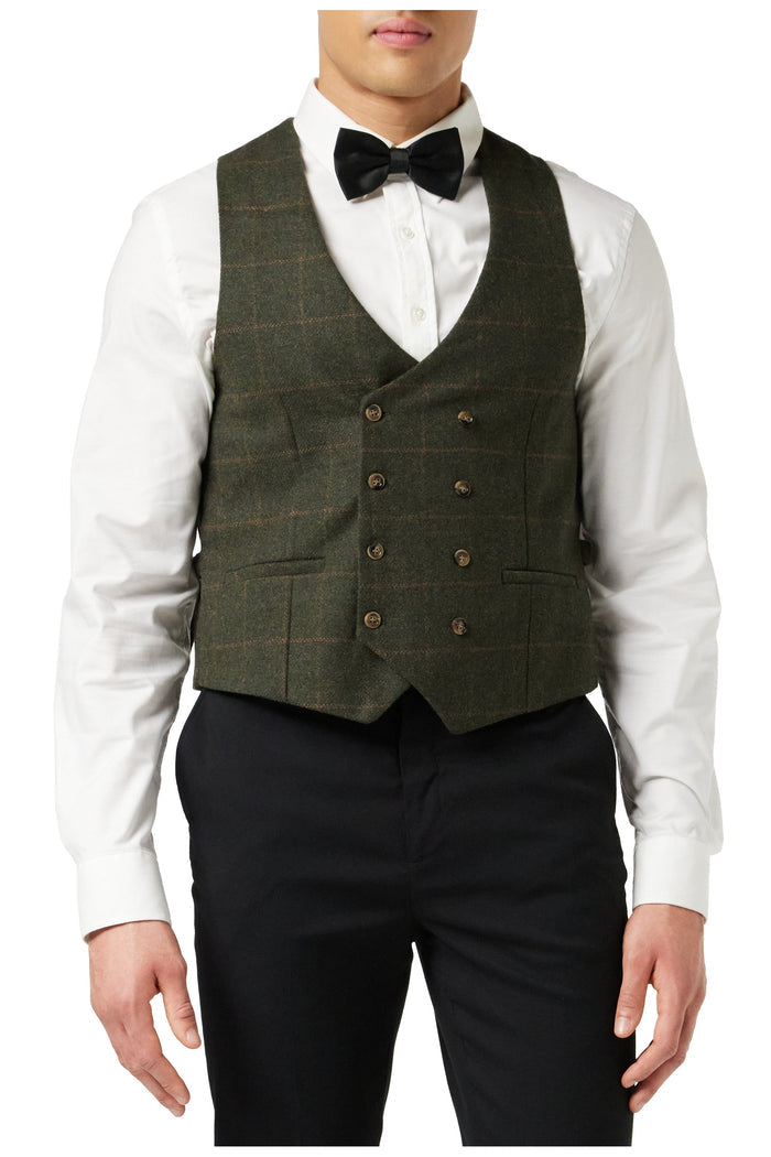 JUDE TWEED CHECK DOUBLE BREASTED GREEN WAISTCOAT