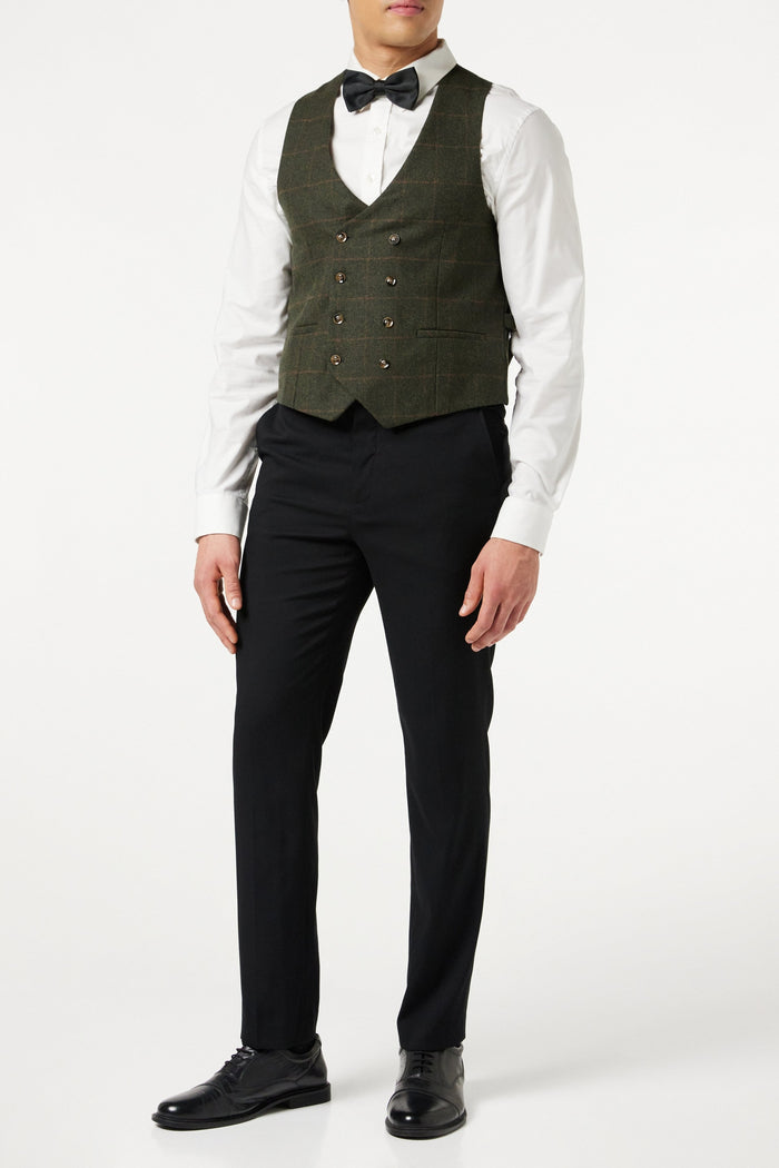 JUDE TWEED CHECK DOUBLE BREASTED GREEN WAISTCOAT