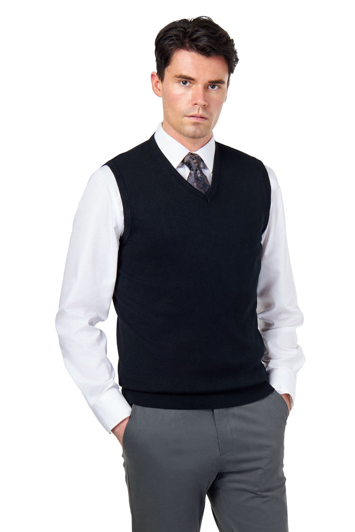 KNITTED COTTON BLACK SLEEVELESS JUMPER V-NECK VEST